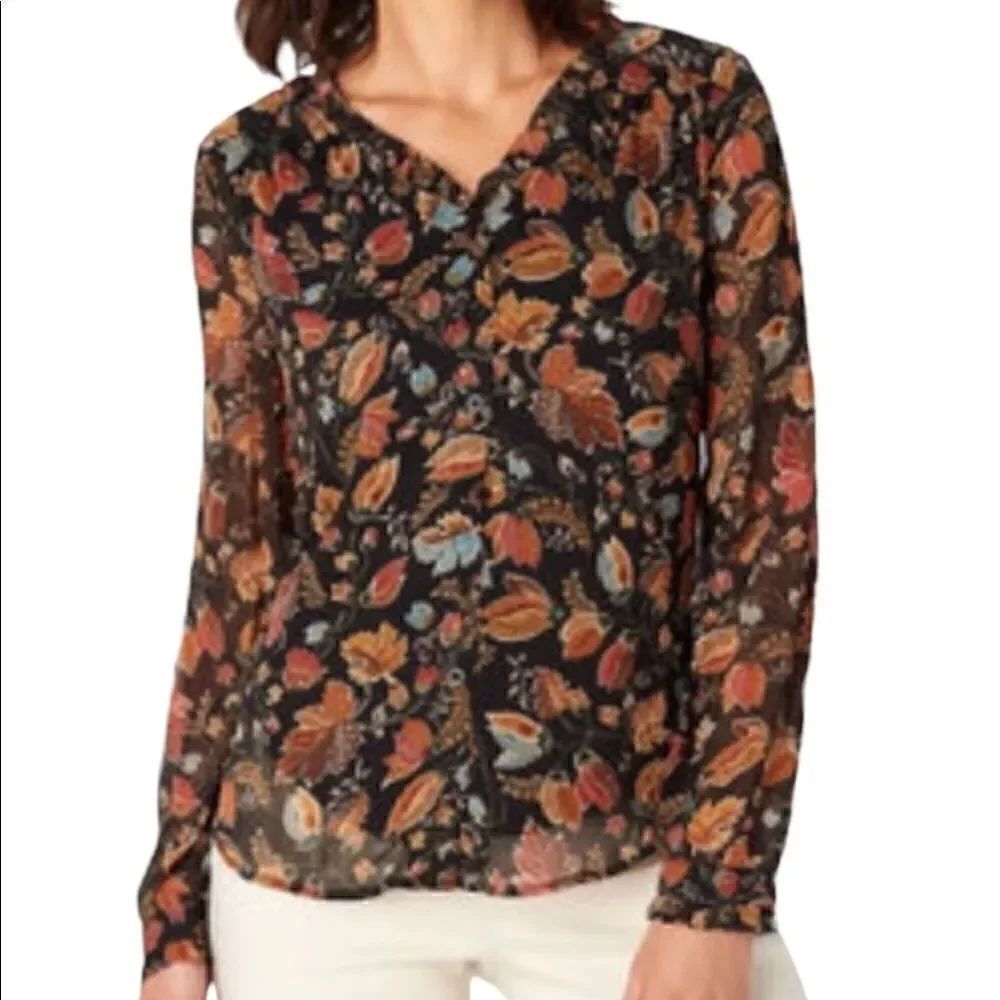 Christopher & Banks Black Floral Lined Body Sheer Sleeves Shirt Petite Small NWT